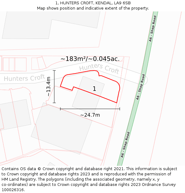 1, HUNTERS CROFT, KENDAL, LA9 6SB: Plot and title map