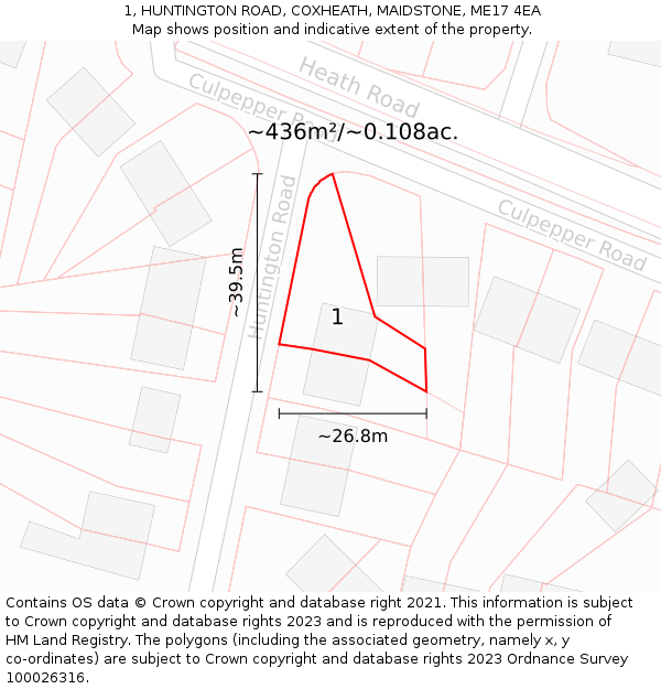 1, HUNTINGTON ROAD, COXHEATH, MAIDSTONE, ME17 4EA: Plot and title map