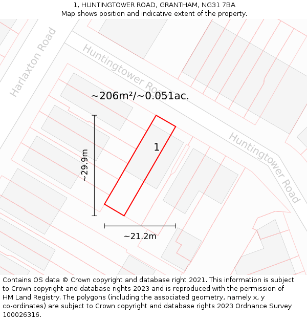 1, HUNTINGTOWER ROAD, GRANTHAM, NG31 7BA: Plot and title map