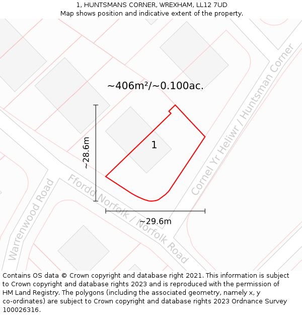 1, HUNTSMANS CORNER, WREXHAM, LL12 7UD: Plot and title map