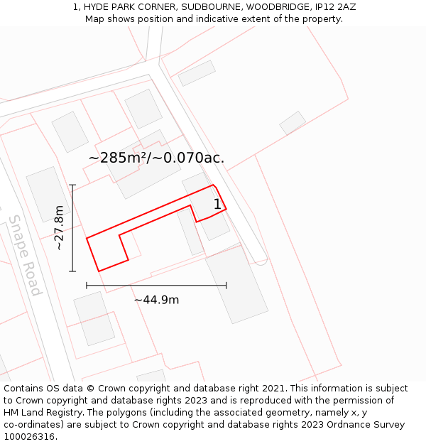 1, HYDE PARK CORNER, SUDBOURNE, WOODBRIDGE, IP12 2AZ: Plot and title map