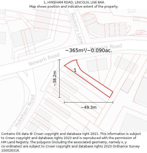 1, HYKEHAM ROAD, LINCOLN, LN6 8AA: Plot and title map