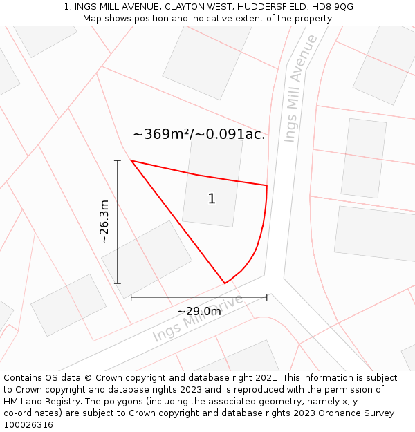 1, INGS MILL AVENUE, CLAYTON WEST, HUDDERSFIELD, HD8 9QG: Plot and title map