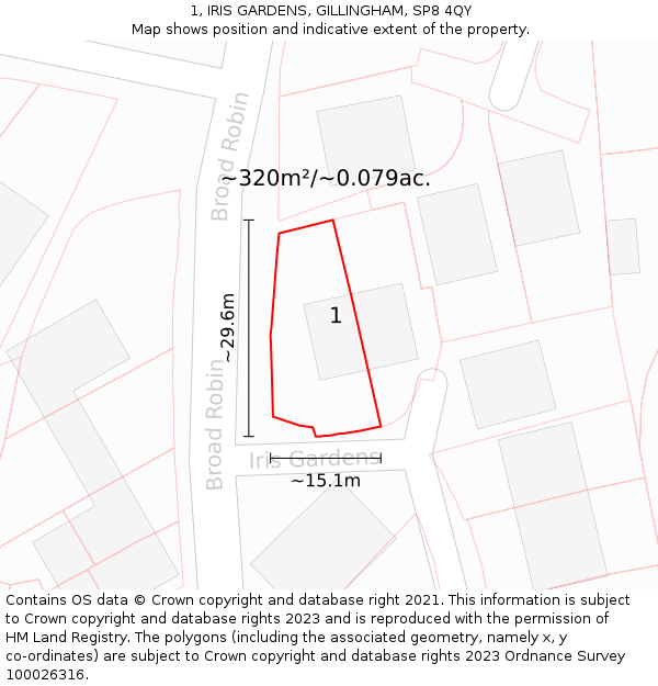 1, IRIS GARDENS, GILLINGHAM, SP8 4QY: Plot and title map