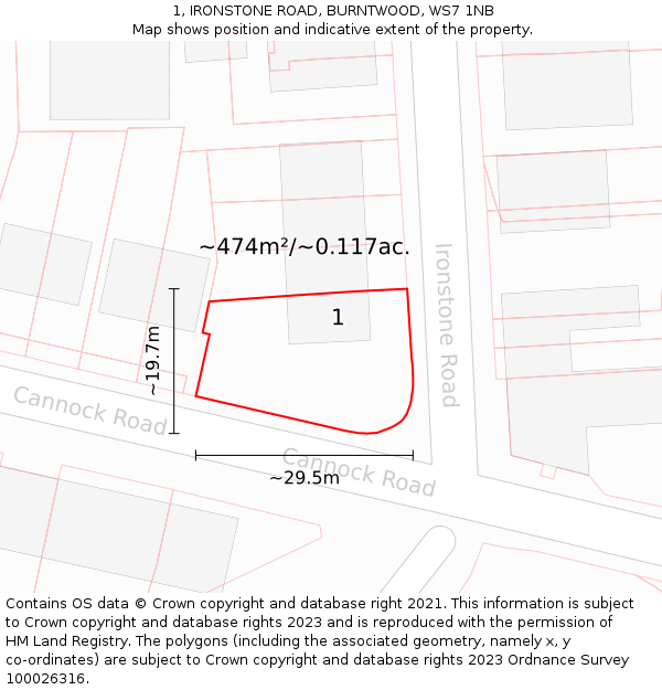 1, IRONSTONE ROAD, BURNTWOOD, WS7 1NB: Plot and title map