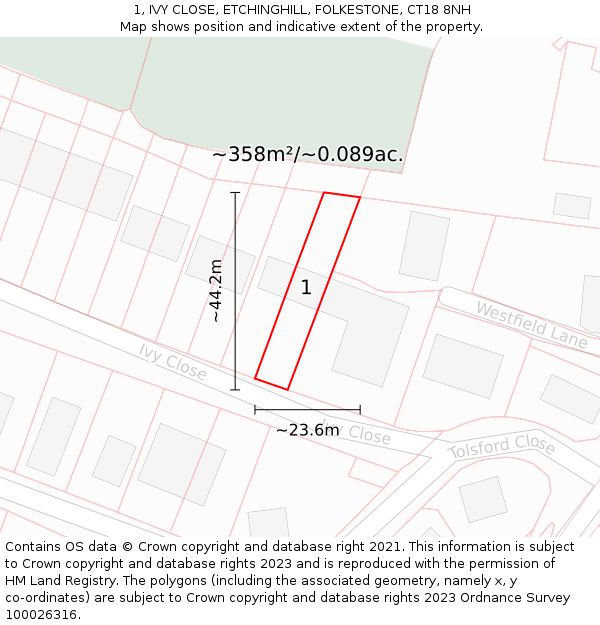 1, IVY CLOSE, ETCHINGHILL, FOLKESTONE, CT18 8NH: Plot and title map