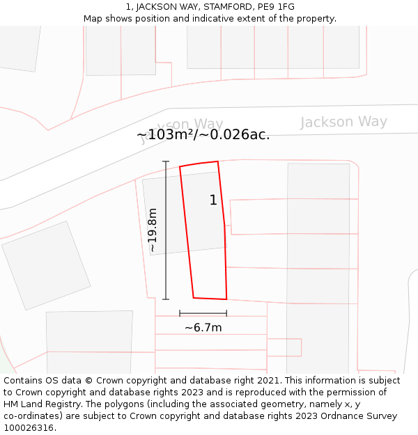 1, JACKSON WAY, STAMFORD, PE9 1FG: Plot and title map