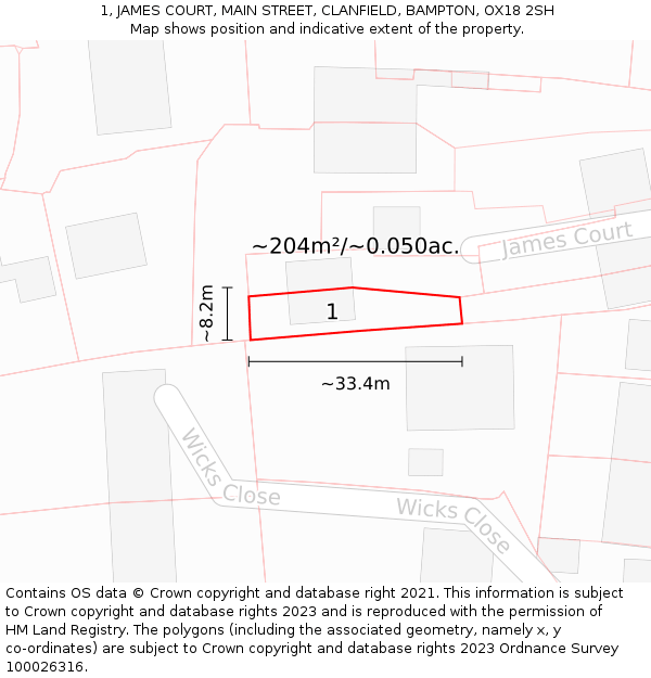 1, JAMES COURT, MAIN STREET, CLANFIELD, BAMPTON, OX18 2SH: Plot and title map