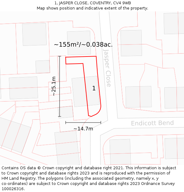 1, JASPER CLOSE, COVENTRY, CV4 9WB: Plot and title map