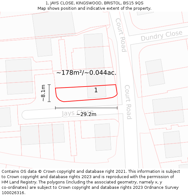 1, JAYS CLOSE, KINGSWOOD, BRISTOL, BS15 9QS: Plot and title map