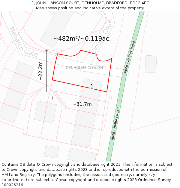 1, JOHN HANSON COURT, DENHOLME, BRADFORD, BD13 4EG: Plot and title map