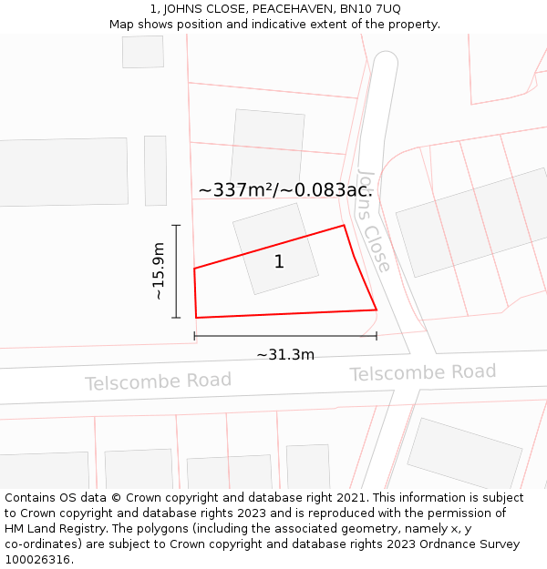 1, JOHNS CLOSE, PEACEHAVEN, BN10 7UQ: Plot and title map