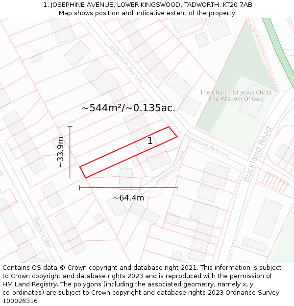 1, JOSEPHINE AVENUE, LOWER KINGSWOOD, TADWORTH, KT20 7AB: Plot and title map