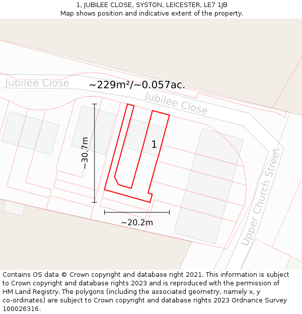 1, JUBILEE CLOSE, SYSTON, LEICESTER, LE7 1JB: Plot and title map