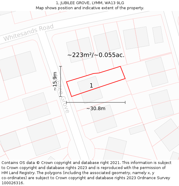 1, JUBILEE GROVE, LYMM, WA13 9LG: Plot and title map