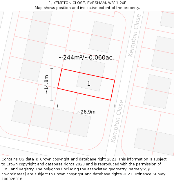 1, KEMPTON CLOSE, EVESHAM, WR11 2XF: Plot and title map
