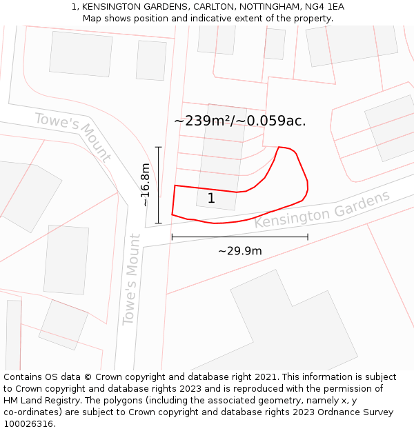 1, KENSINGTON GARDENS, CARLTON, NOTTINGHAM, NG4 1EA: Plot and title map