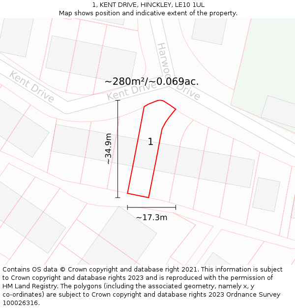 1, KENT DRIVE, HINCKLEY, LE10 1UL: Plot and title map