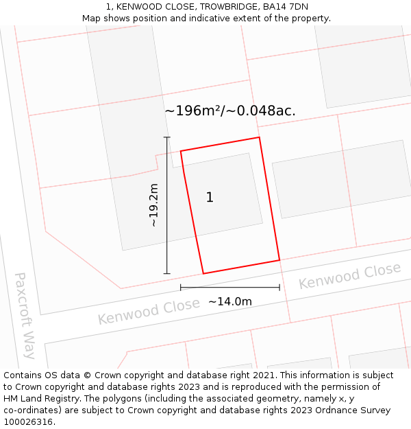 1, KENWOOD CLOSE, TROWBRIDGE, BA14 7DN: Plot and title map