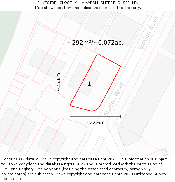 1, KESTREL CLOSE, KILLAMARSH, SHEFFIELD, S21 1TN: Plot and title map