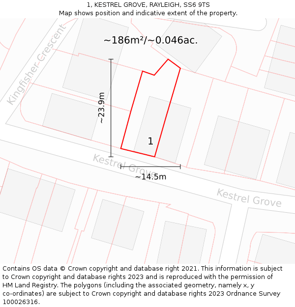 1, KESTREL GROVE, RAYLEIGH, SS6 9TS: Plot and title map