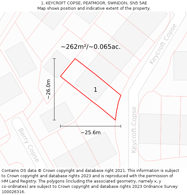 1, KEYCROFT COPSE, PEATMOOR, SWINDON, SN5 5AE: Plot and title map