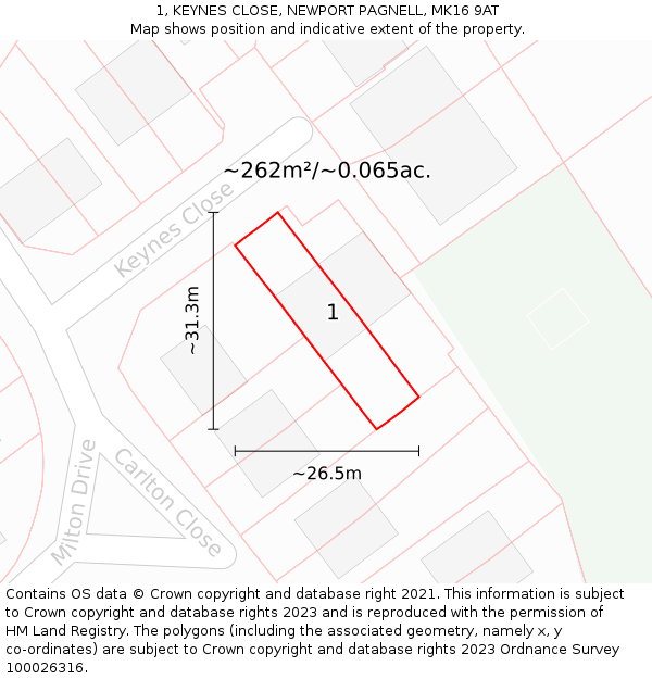 1, KEYNES CLOSE, NEWPORT PAGNELL, MK16 9AT: Plot and title map