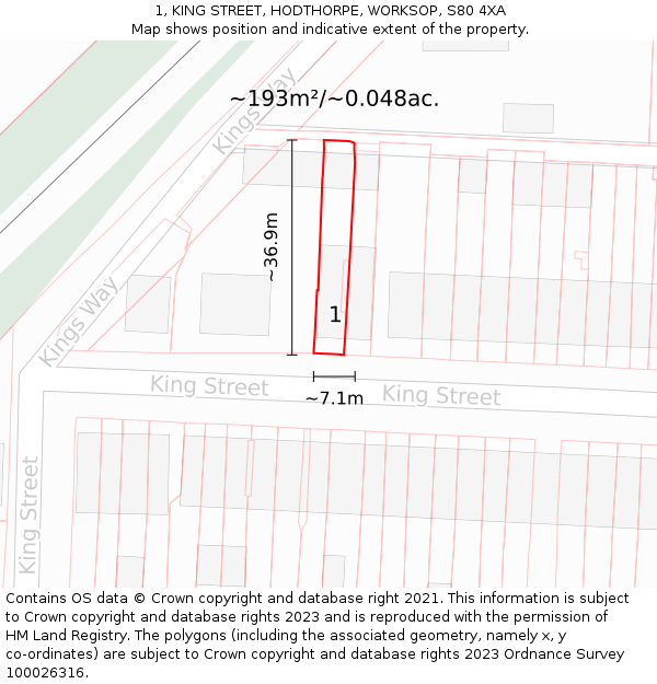 1, KING STREET, HODTHORPE, WORKSOP, S80 4XA: Plot and title map