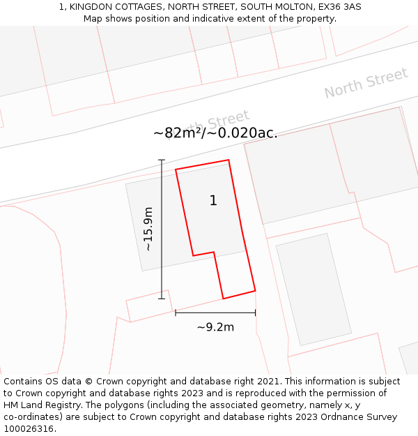 1, KINGDON COTTAGES, NORTH STREET, SOUTH MOLTON, EX36 3AS: Plot and title map