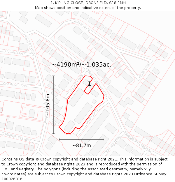 1, KIPLING CLOSE, DRONFIELD, S18 1NH: Plot and title map