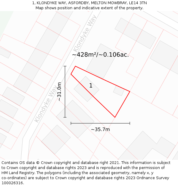 1, KLONDYKE WAY, ASFORDBY, MELTON MOWBRAY, LE14 3TN: Plot and title map