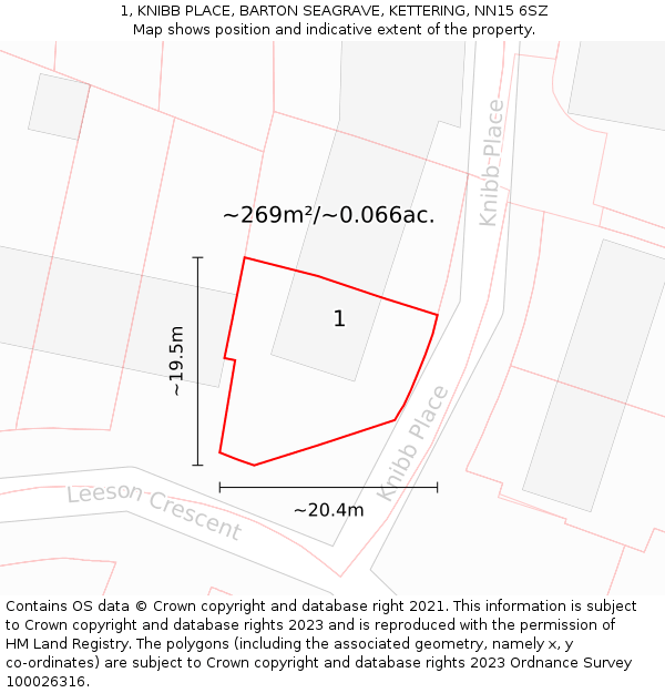 1, KNIBB PLACE, BARTON SEAGRAVE, KETTERING, NN15 6SZ: Plot and title map