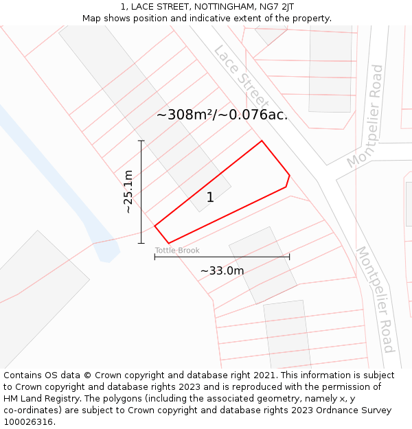 1, LACE STREET, NOTTINGHAM, NG7 2JT: Plot and title map