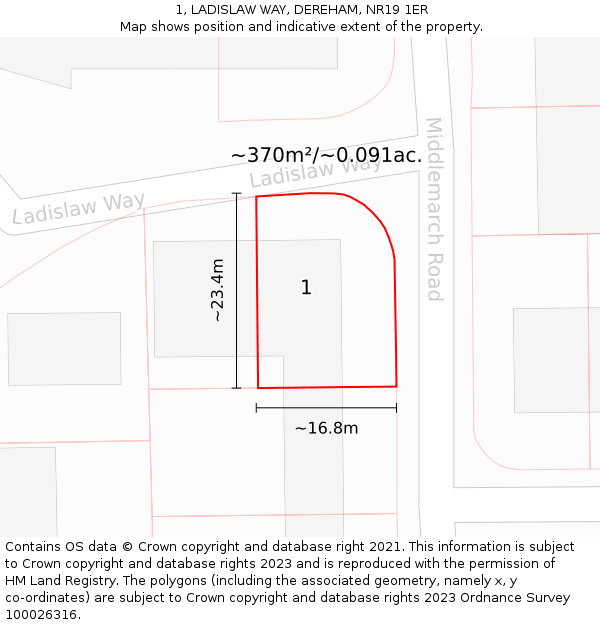 1, LADISLAW WAY, DEREHAM, NR19 1ER: Plot and title map