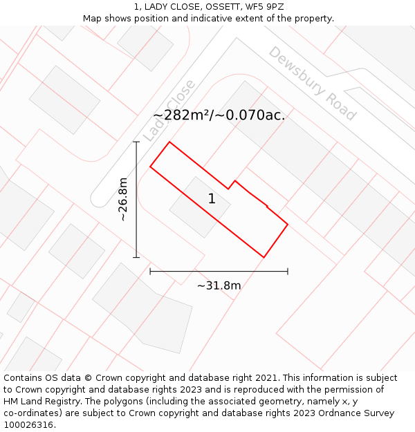 1, LADY CLOSE, OSSETT, WF5 9PZ: Plot and title map