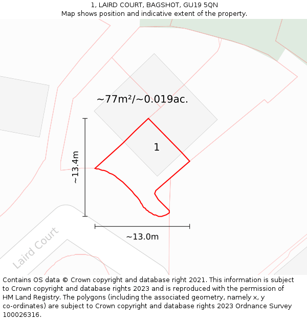 1, LAIRD COURT, BAGSHOT, GU19 5QN: Plot and title map