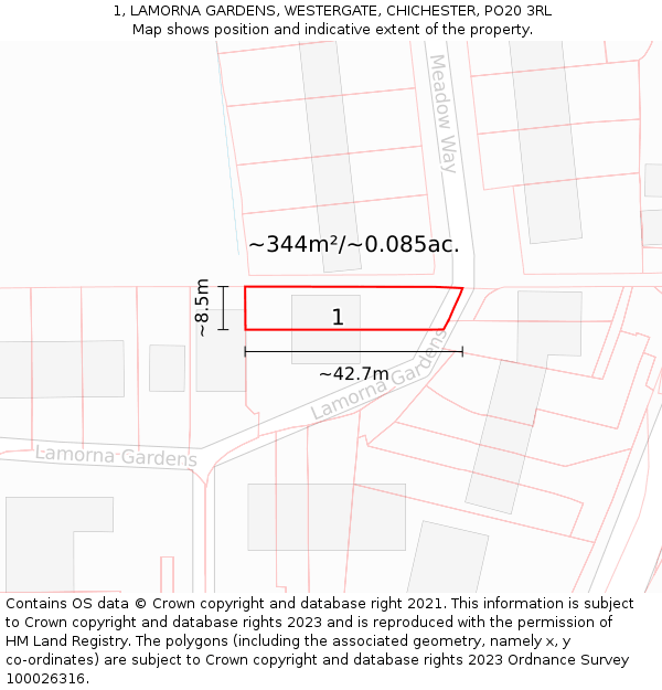 1, LAMORNA GARDENS, WESTERGATE, CHICHESTER, PO20 3RL: Plot and title map