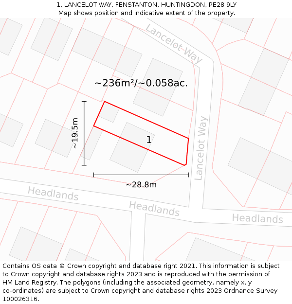 1, LANCELOT WAY, FENSTANTON, HUNTINGDON, PE28 9LY: Plot and title map