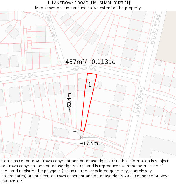 1, LANSDOWNE ROAD, HAILSHAM, BN27 1LJ: Plot and title map