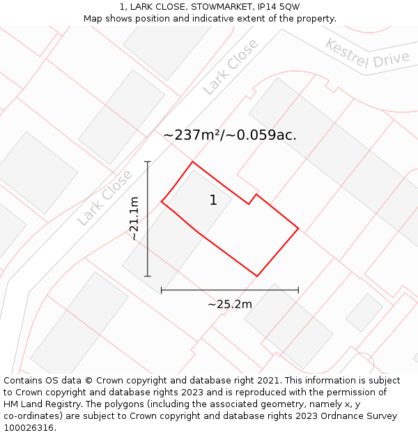 1, LARK CLOSE, STOWMARKET, IP14 5QW: Plot and title map