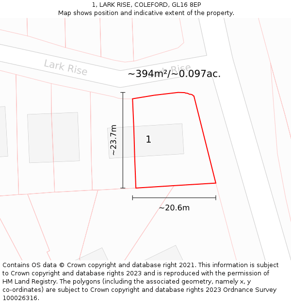 1, LARK RISE, COLEFORD, GL16 8EP: Plot and title map