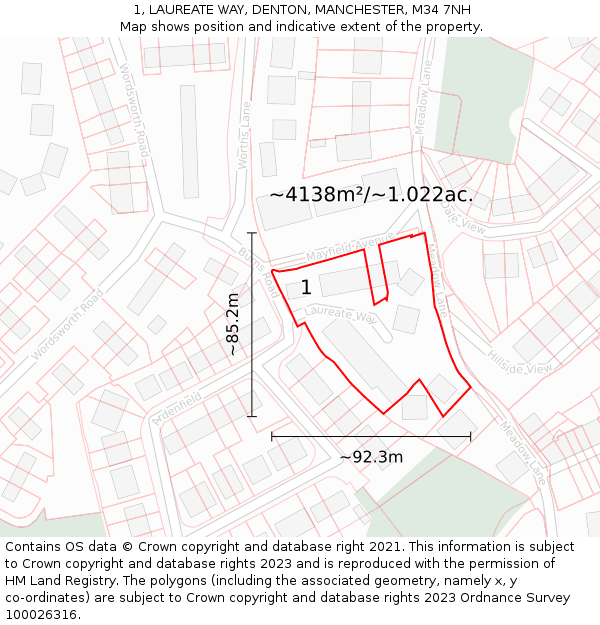 1, LAUREATE WAY, DENTON, MANCHESTER, M34 7NH: Plot and title map