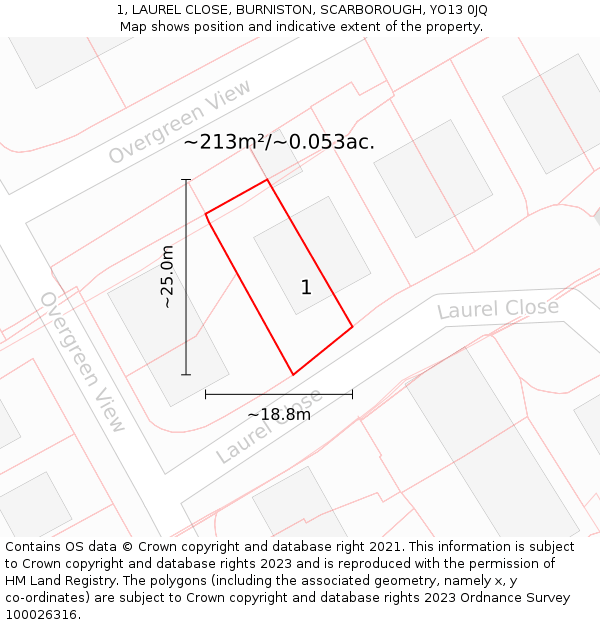 1, LAUREL CLOSE, BURNISTON, SCARBOROUGH, YO13 0JQ: Plot and title map