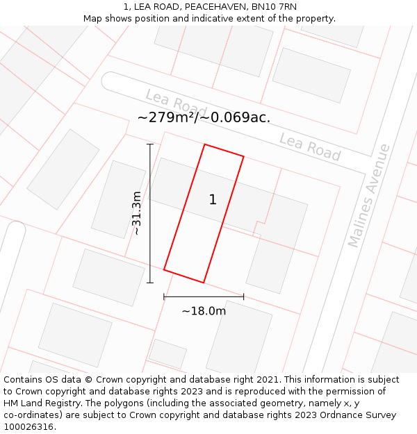 1, LEA ROAD, PEACEHAVEN, BN10 7RN: Plot and title map