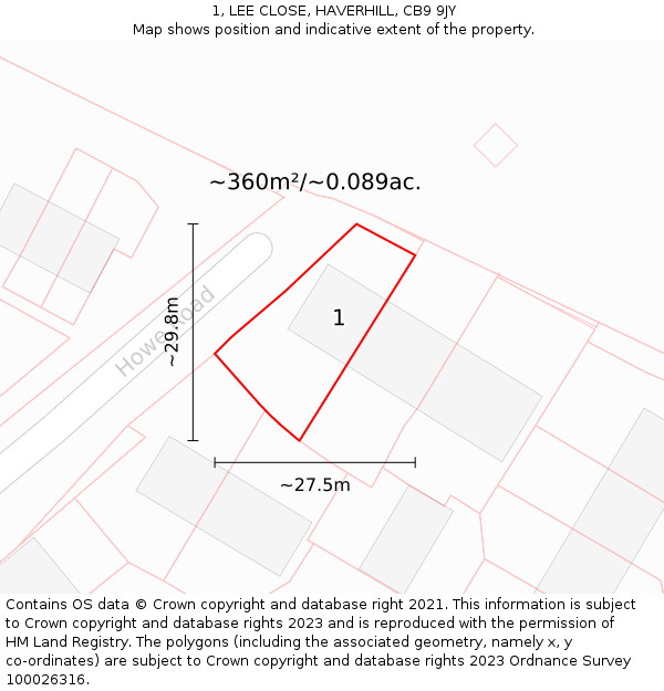 1, LEE CLOSE, HAVERHILL, CB9 9JY: Plot and title map