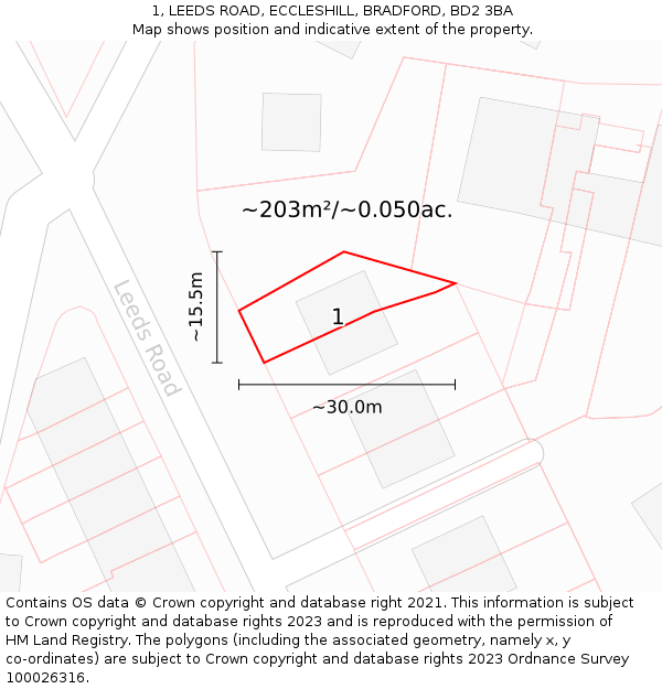 1, LEEDS ROAD, ECCLESHILL, BRADFORD, BD2 3BA: Plot and title map