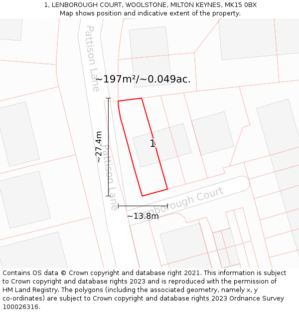 1, LENBOROUGH COURT, WOOLSTONE, MILTON KEYNES, MK15 0BX: Plot and title map