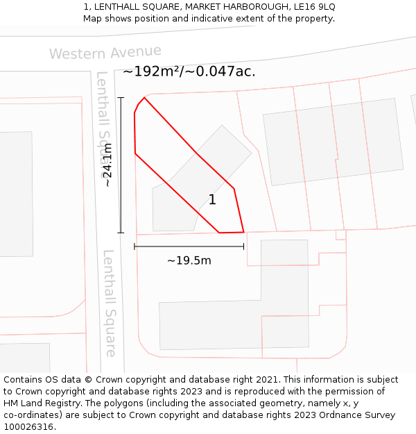 1, LENTHALL SQUARE, MARKET HARBOROUGH, LE16 9LQ: Plot and title map