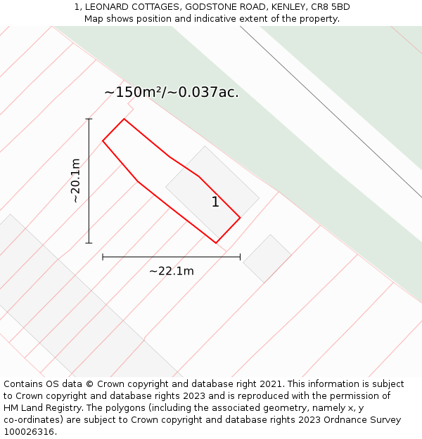 1, LEONARD COTTAGES, GODSTONE ROAD, KENLEY, CR8 5BD: Plot and title map