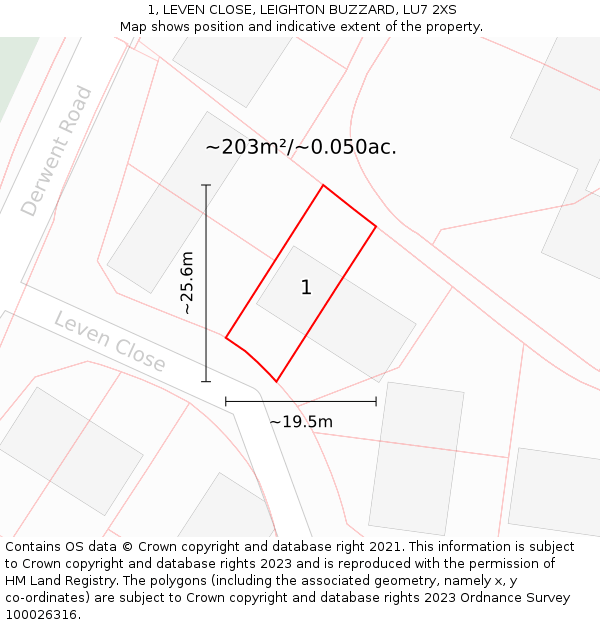 1, LEVEN CLOSE, LEIGHTON BUZZARD, LU7 2XS: Plot and title map